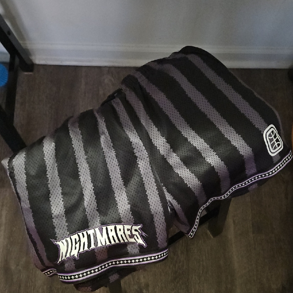 Overtime Basketball Nightmares Striped Mesh Shorts in Black and Purple